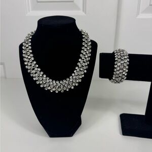 Icy Crystal Silver Tone Statement‎ Necklace 16" And Bracelet Formal Wedding